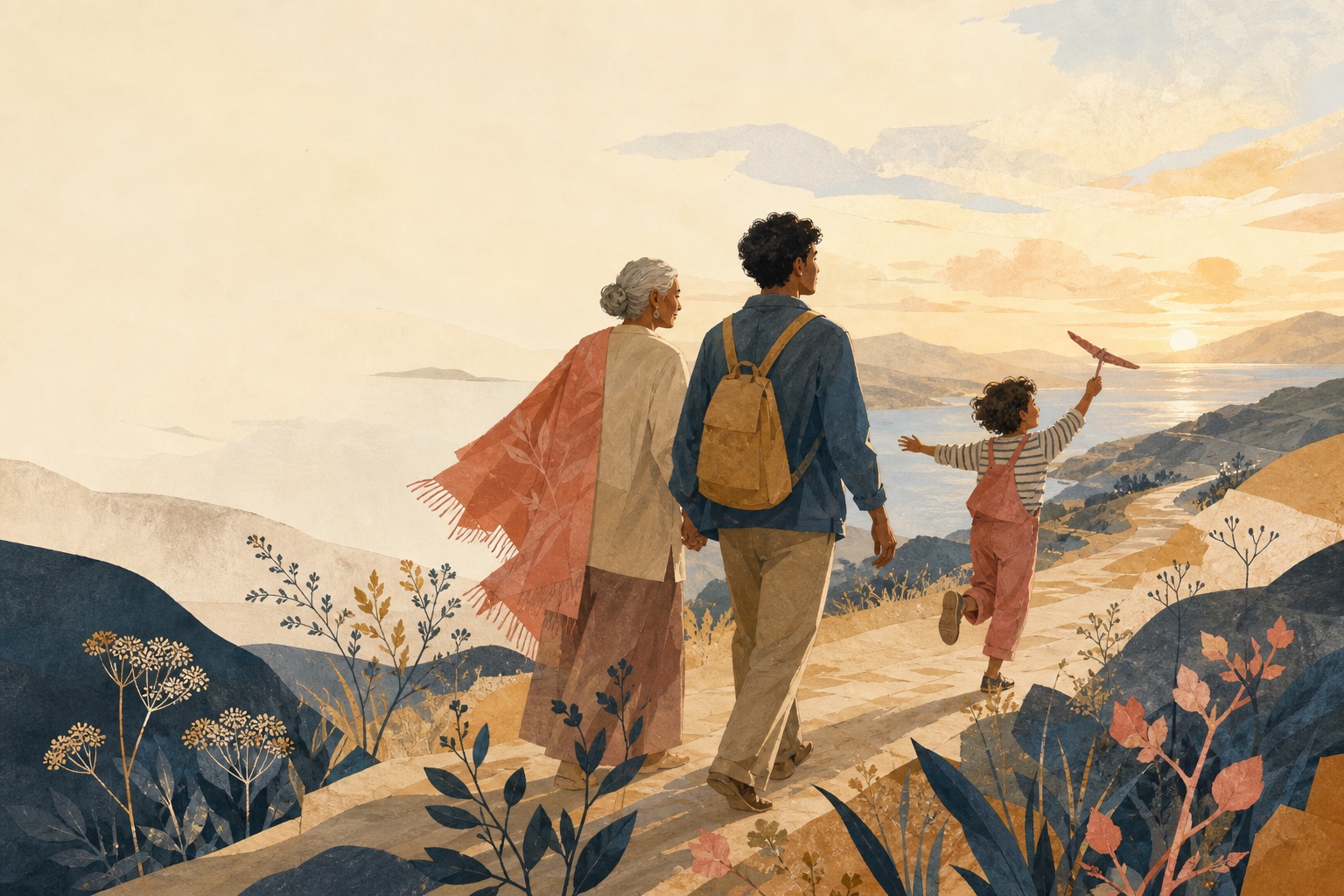 An illustrated family walking together toward the horizon
